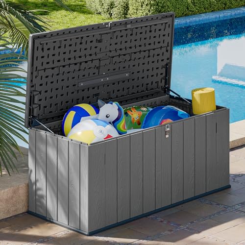 Image of AOXUN Horizontal Storage Sheds 21 Cu.ft, HDPE Outdoor Storage Box 160 Gallon, Waterproof Lockable Resin Deck Box with Spring-Assisted Lid, Patio Storage for Garden, Pool, Cushions, Tools, Grey