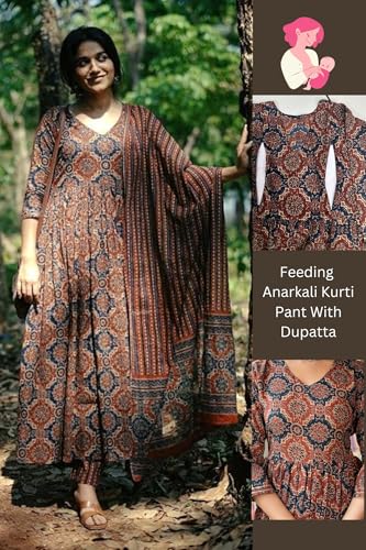 Image of ASSUME FAB Women Viscose Rayon Anarkali Maternity and Nursing Kurta Set with Dupatta - Brown Floral and Geometric Pattern, 3 /4 Sleeves, Comfortable Fit