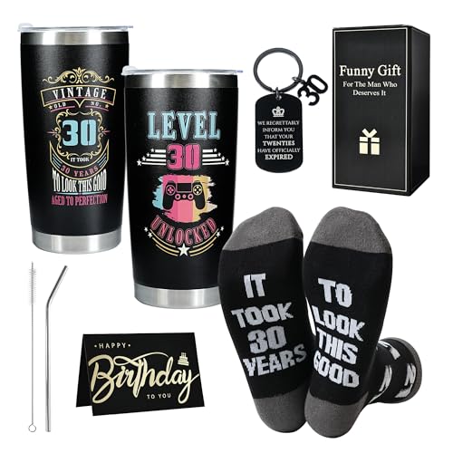 Merclix 30th Birthday Gifts for Men Funny Gift Set Funny Sock 9-11 Keyring Card 20oz Mug with Straw 30th Birthday Gifts for Him Son Brother Nephew Boyfriend Husband Ideas