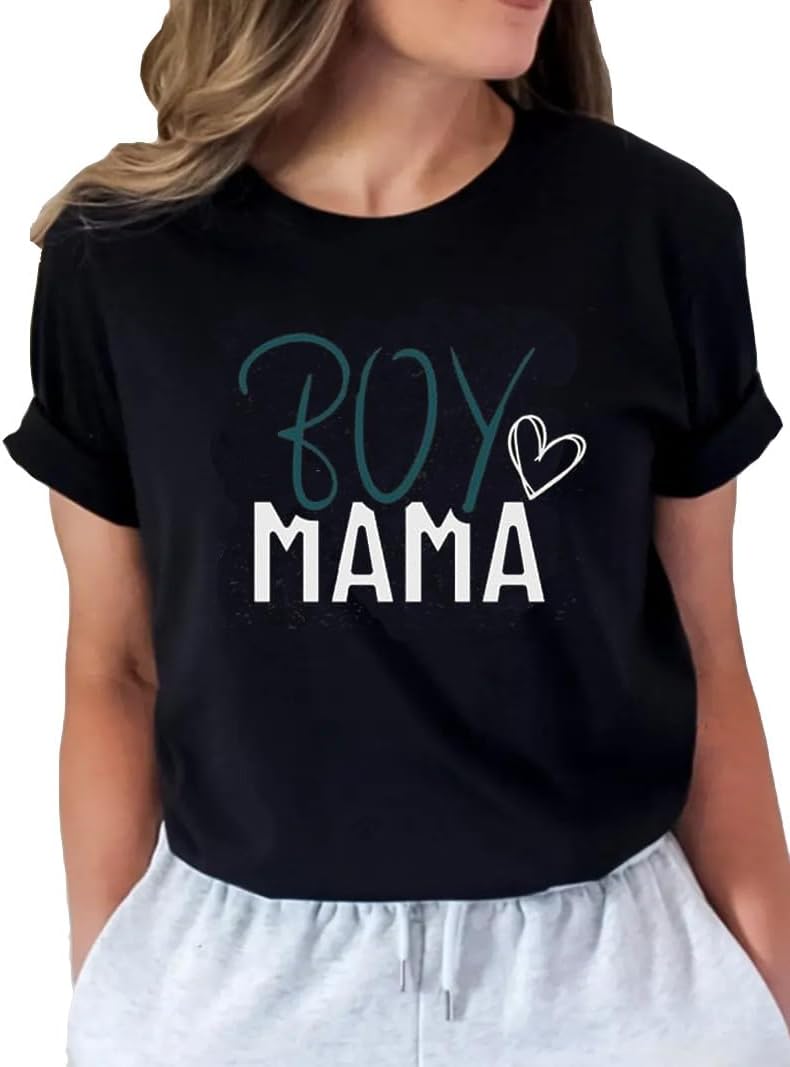 Mother Days Tees Womens Mom of Boys Round Neck Short Sleeve Graphic Shirts for Mama Shirts