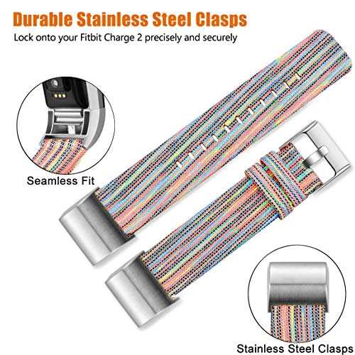 Maledan Compatible with Fitbit Charge 2 Accessory Sports Band, Soft Breathable Woven Fabric Bands Replacement Strap for Women Men, Small, Rainbow Pattern