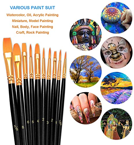 Image of BOSOBO Paint Brushes Set, 10 Pieces Round Pointed Tip Paintbrushes Nylon Hair Artist Acrylic Paint Brushes for Acrylic Oil Watercolor, Face Nail Body Art, Miniature Detailing & Rock Painting, Black