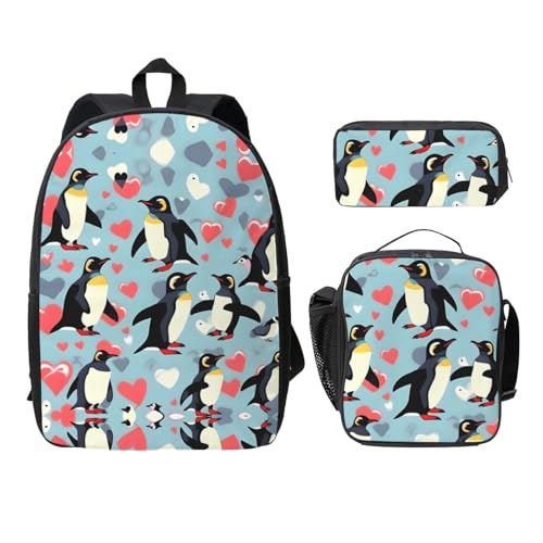 Sac à dos imprimé I Love Penguins avec trousse à déjeuner 3 pièces noir