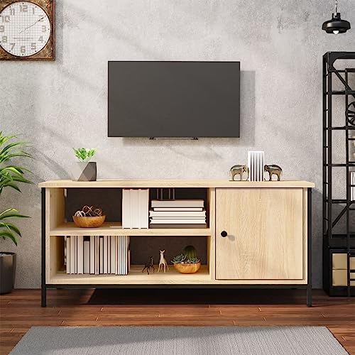 Higsose Meuble TV 100 x 40 x 45 cm en chêne Sonoma, matériau à base de bois, acier, meuble TV en bois, armoire de jardin, meuble TV au design industriel,...