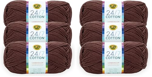 Image of Lion Brand 24 /7 Cotton Yarn, Lightweight Yarn for Knitting, Crocheting, and Crafts, Coffee Beans, 6 Pack