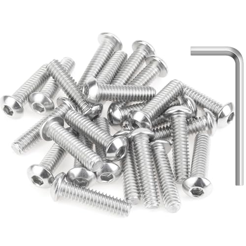 Image of 25 Pieces 1 /4-20 x 1 Button Head Socket Cap Screws Bolts, HELIFOUNER 304 Stainless Steel (18-8) Screws, Bright Finish, Fully Threaded