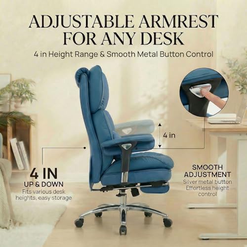 Image of Efomao Big & Tall Desk Chair, Executive Office Chair with Footrest, Blue | True 400lb big & tall desk chair. 22 inch wide seat & 7 inch thick cushion for plus-size comfort, with footrest for WFH naps.