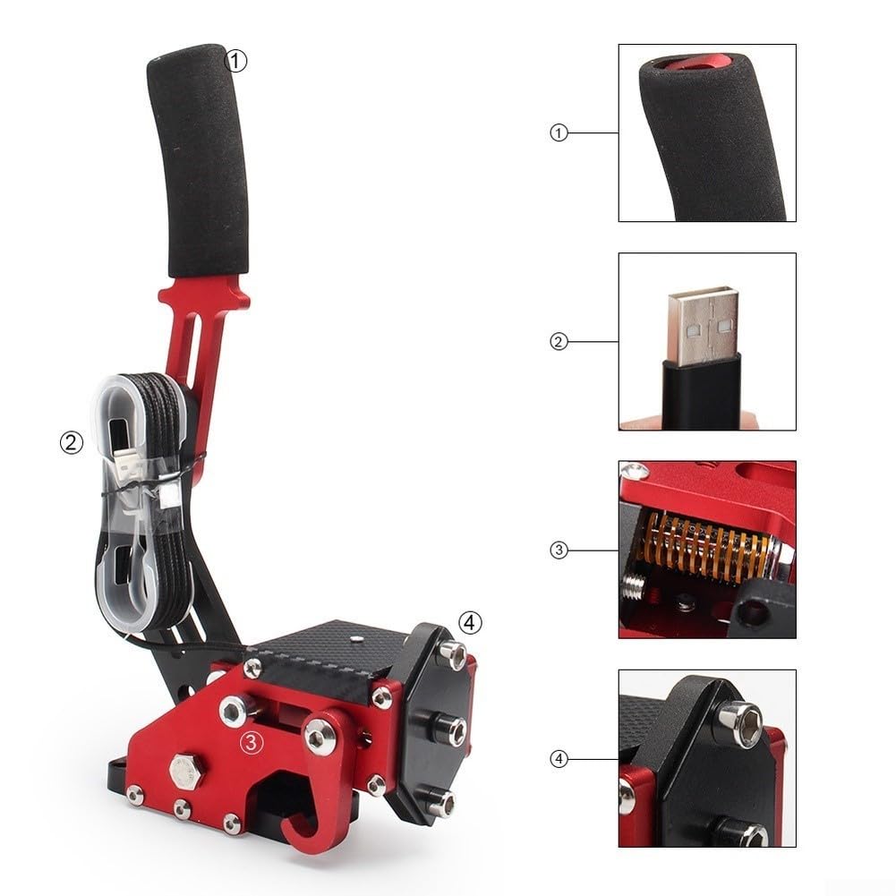 16-Bit-USB-Handbremse für PC für Renntitel mit Hall-Sensor-Genauigkeit einstellbare Spannung Aluminiumrahmen für G27 für G29 für G920 Unterstützung (rot)
