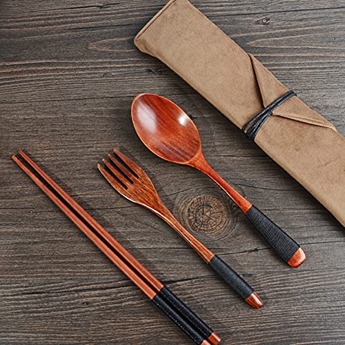Holzutensilien zum Essen, Besteck-Set im japanischen Stil mit einem Retro-Stoffbeutel, 4 Stück, Vintage-Essutensilien mit Tasche, Camping, Reisen Modgal