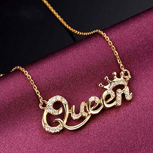 Image of Yellow Chimes Pendant for Women Alphabetical Queen Crown Clavicle Rhinestone Short Chain Gold Plated Chain Necklace for Women and Girl's Valentine Gift for Girls