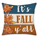 Aremetop Fall Pillow Cover 18x18 Inch for Fall Decor Navy Blue Burnt Orange Stripes It’s Fall Y’all Outdoor Maple Leaves Throw Pillows Decorative Farmhouse Thanksgiving Decorations Autumn Cushion Case