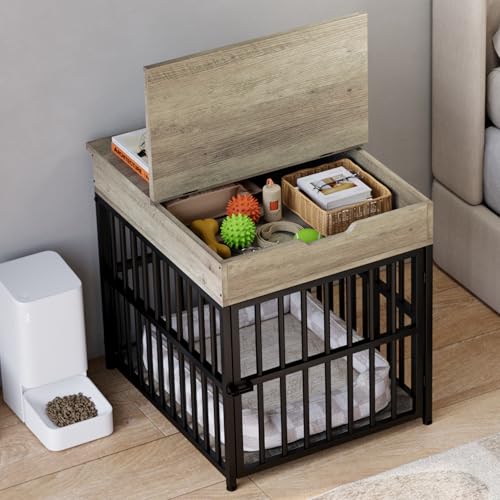 IRONCK-Dog-Crate-Furniture-for-Small-Dogs-Wooden-Dog-Kennel-with-Flip-Top-Drawer-Indoor-Pet-Crate-End-Table-with-Charging-Station-Steel-Tube-Dog-Cage