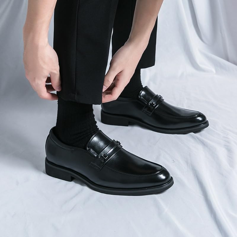 Men's Leather Low Oxford Fashion Slip-On Round Anti-Slip Mid Chunky Heels Formal Dress Loafers Low Top Work Dress Shoes3