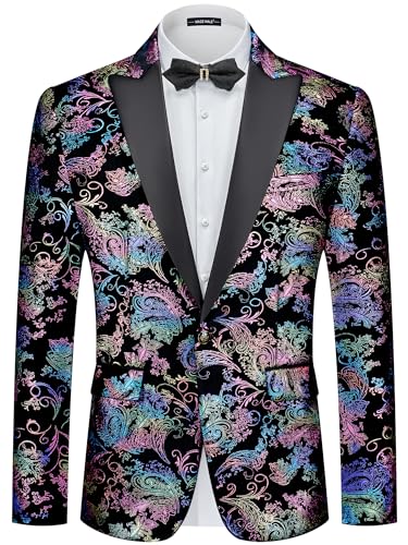 MAGE MALE Men's Velvet Floral Tuxedo Peak Lapel One Button Dinner Party Prom Wedding Suit Jacket