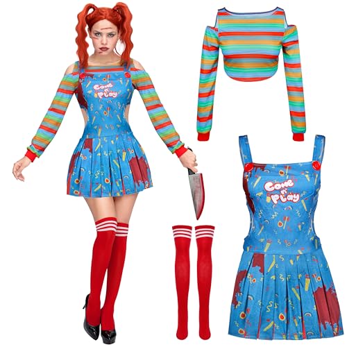 Spooktacular Creations Damen Killerpuppenkostüm, Clown Cosplay Kleid mit Regenbogen T-Shirt, Strapsrock und kniehohen Strümpfen für Halloween Party...