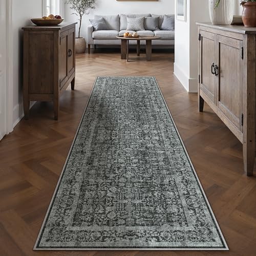 Dark Black Runner Rug 2x8 Hallway Machine Washable Kitchen Vintage Distressed Non Slip Long Carpet Indoor Retro Floral Bedroom Accent Throw Rug for Bathroom Office Laundry Dining Room
