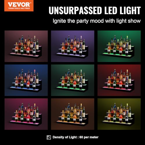 Image of VEVOR LED Lighted Liquor Bottle Display, 3 Tiers 30 Inches, Supports USB, Illuminated Home Bar Shelf with RF Remote & App Control 7 Static Colors 1-4 H Timing, Acrylic Lighted Shelf for 24 Bottles