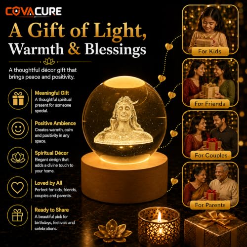 Image of COVACURE 3D Shiv Crystal Ball Night Lamp, Solar System, USB Table Colorful LED Wooden Base Crystal Ball for Home Decoration Birthday Gift for Teens Boys and Girls (Adiyogi)