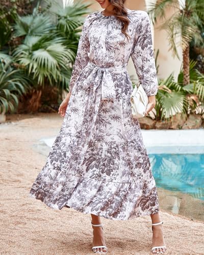 Image of YEXPINE Women's Ruffle Maxi Dress Puff Sleeve Flowy Tiered Long Dress with Belt