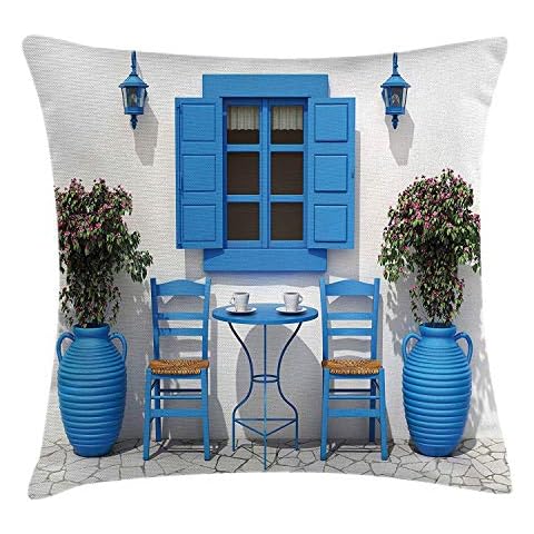 Travel Decor Throw Pillow Cushion Cover by, Traditional Greek Design Holiday Summer House Flowers Window Image, Decorative Square Accent Pillow Case, 18 X 18 Inches, Navy Blue and White Cover