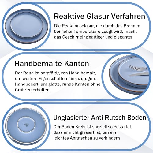 Homikit Geschirr Set 6 Personen, 18-tlg Steinzeug Geschirrset Tafelservice, Reaktive Glasur Müslischüsseln, Dessertteller und Speiseteller, Mikrowellen- und Spülmaschinenfest, Gelassenheit Blau