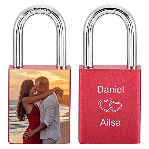 MeMeDIY Personalized Love Lock Engraving Photo Custom Picture for Couples Men Women Boyfriend Girlfriend Lover Aluminum Memorial Anniversary Valentine Bridge Padlock with Key (Red Color)