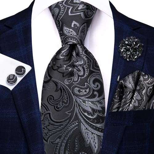 Image of Hi-Tie Paisley Black Sliver Ties for Men Silk Jacquard Necktie Lapel Pin Pocket Square Cufflinks Sets Formal Business Wedding