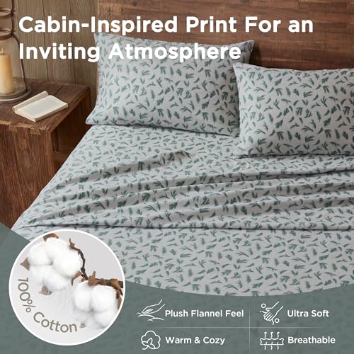 Image of Woolrich Cotton Sheet Set Cottage Charms Print, 100% Cotton Flannel Sheets Warm & Fuzzy Bedding Set Cal King Size Sheets, Fitted Pocket Fits Up to 14 inch Mattress, Cal King Pine Branches, 4 Piece