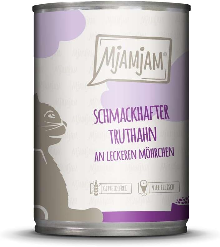 MjAMjAM - Mokra karma premium dla kotów – smaczny indyk na pysznych marchewkach, 6 sztuk (6 x 400 g), bez zbóż, z bardzo dużą ilością mięsa
