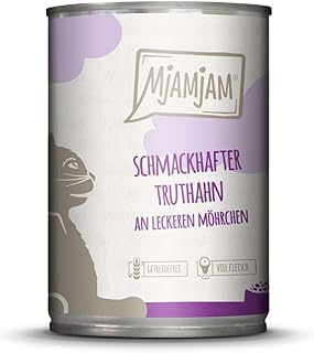 MjAMjAM - Mokra karma premium dla kotów – smaczny indyk na pysznych marchewkach, 6 sztuk (6 x 400 g), bez zbóż, z bardzo dużą ilością mięsa