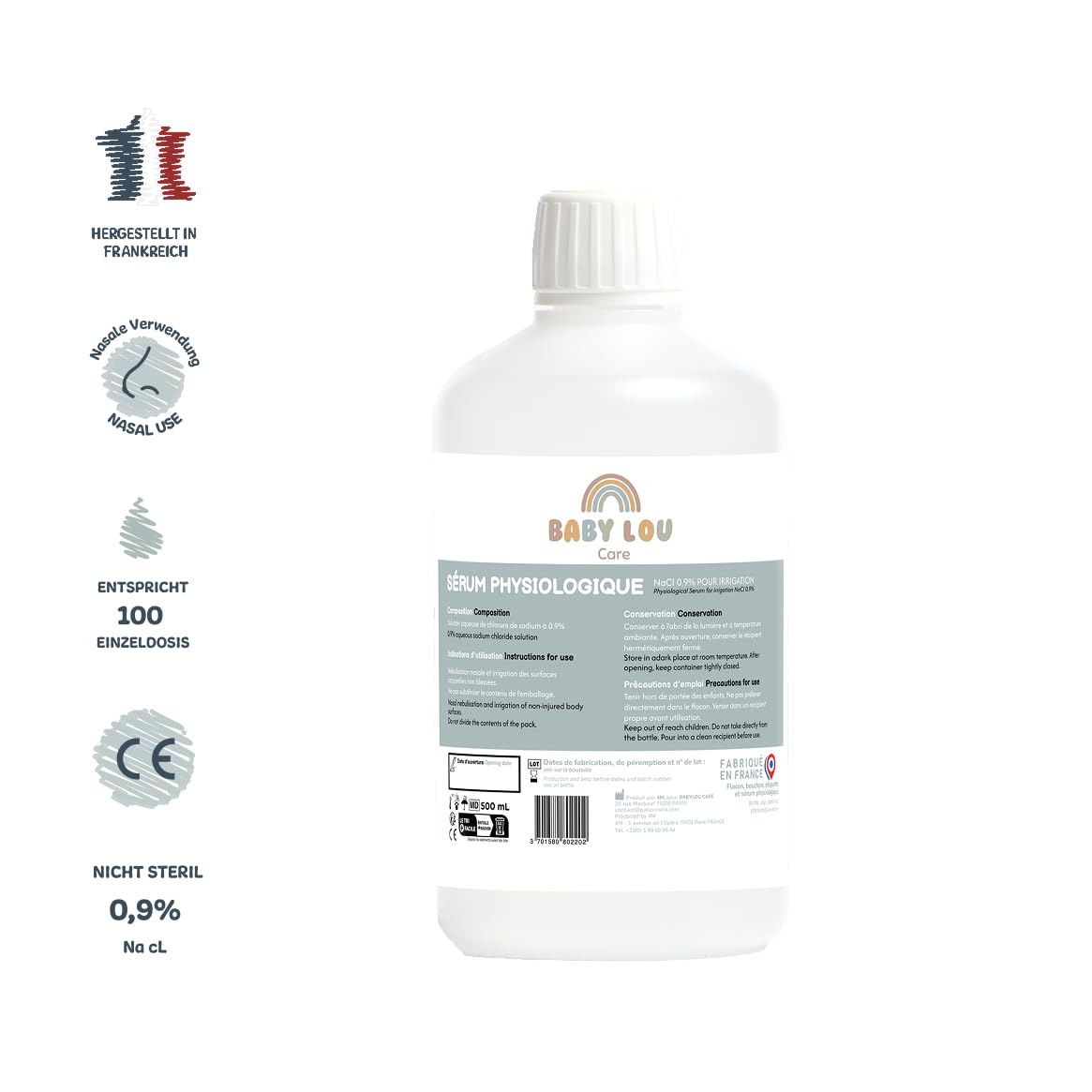 Physiologische Kochsalzlösung Flasche 4x500ml | NaCl 0,9% | Nasenspülung | Nasenhygiene | Zur äußeren Spülung