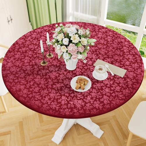 Image of Smiry Waterproof Heavy Duty Vinyl Fitted Tablecloth for 45 inch-56 inch Round Table | Elastic Plastic Table Cloth, Wipeable Washable Floral Patio Table Cover for Picnic, Kitchen and Dining, Wine Red