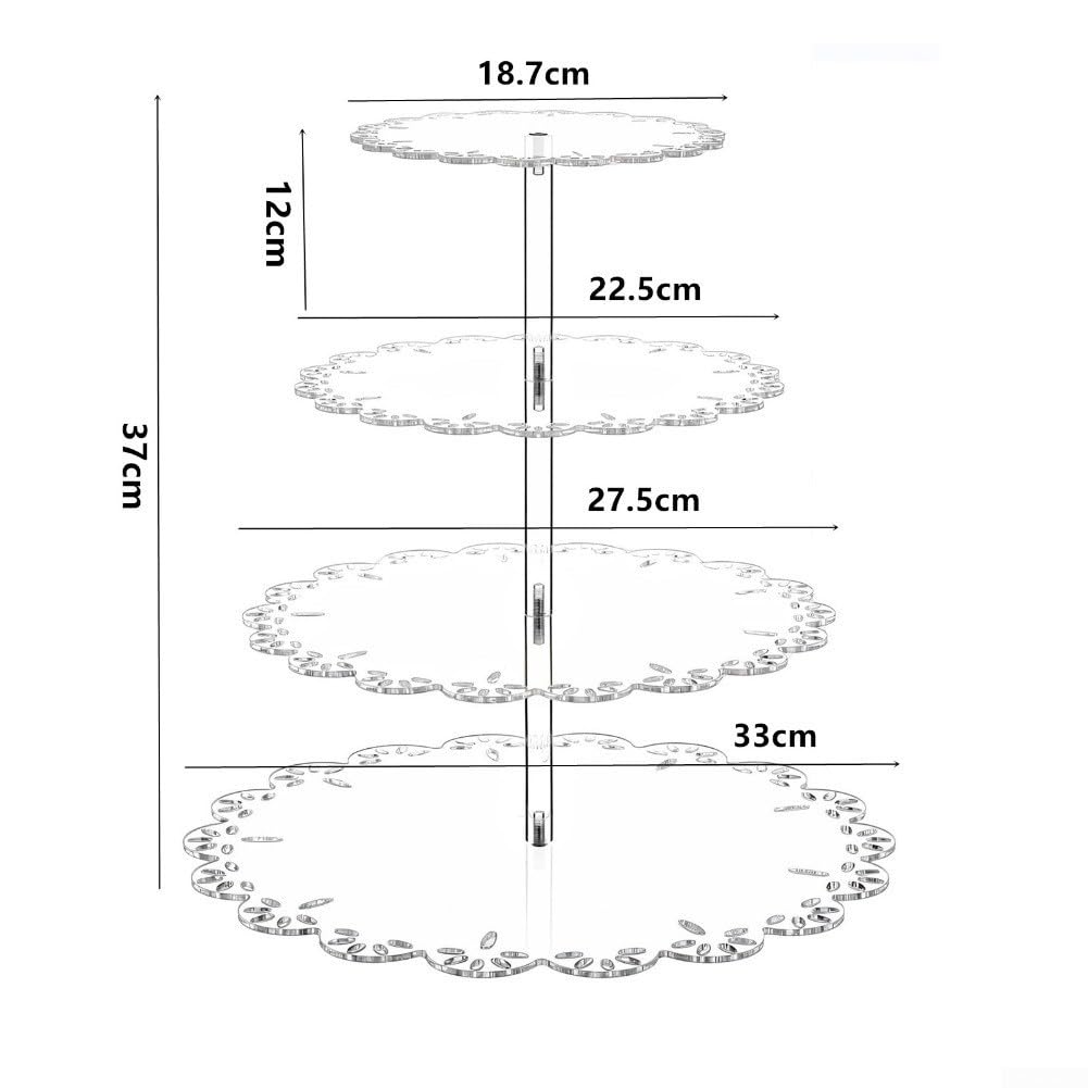Soporte acrílico para cupcakes de 4 niveles con borde de encaje para bodas, soporte de exhibición transparente de torre de postre de 37 cm (4)