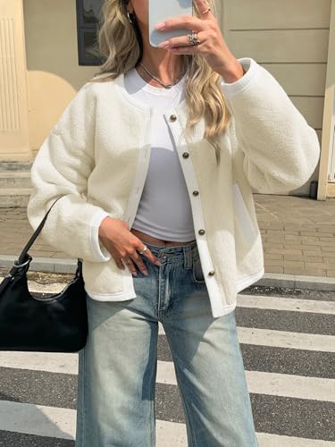 Yousify Womens Sherpa Fleece Jackets Cropped Button Down Crew Neck Coats Fall Casual Trendy Outerwear2