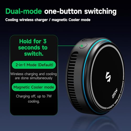 Image of Black Shark Wireless Charger with Cooling Fan, 25W Dual-Sided Magnetic Pad Compatible with iPhone 17 /16 /15 /14 MagSafe Charging, Phone Cooler for Gaming /Streaming