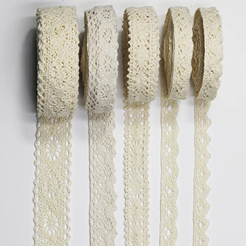 25Yards Cotton Lace Trim Vintage Lace Ribbon Crochet Cotton Lace Scalloped Edge For Bridal Wedding Decoration Christmas Package Diy Sewing Craft Supply, 5 Yards Each, 5 Styles (Beige) #TOP3