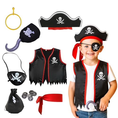 WNXBFO 13 Pcs Pirate Costume Kids Set Boy Captain Costume Accessories With Belt Eye Mask Hat Earring Money Bag Gold Coin Vest Fancy Dress for Halloween Cosplay Birthday Party Accessories