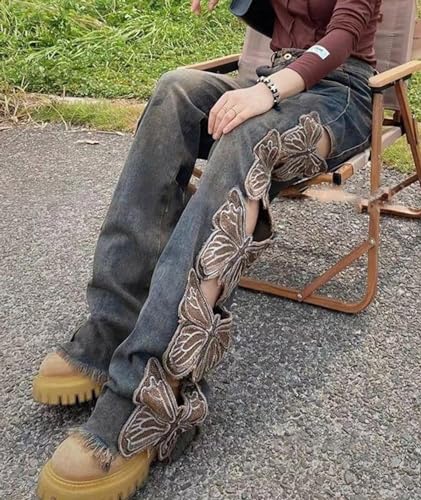 SOMTHRON Women's Vintage High Waisted Denim Pants Butterfly Embroidered Hollow Out Straight Wide Leg Jeans4