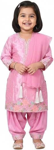 Girls Pink Embroidered Kurta Set with Salwar and Dupatta, Traditional Ethnic Wear for Festivals and Weddings