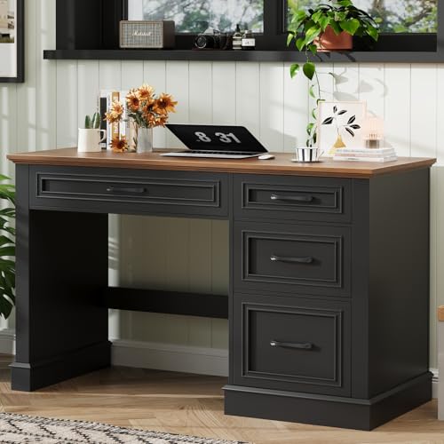 Image of Farmhouse 47 inch Executive Desk with File Drawer, Computer Desk with 4 Drawers, Workstation for Writing, Study, Home Office,Black Brown
