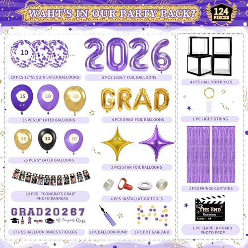 Image of Party Spot！2026 Purple and Gold Graduation Party Decorations,124 PCS Graduation Decorations Class of 2026,4 PCS Balloons Boxes with LED Light String & Letters 2026 GRAD So Proud of You