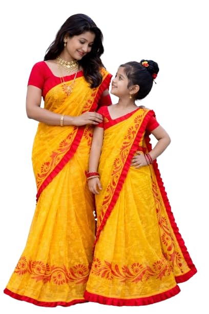 aswrki Mom & Daughter Matching Exclusive Saraswati Puja Special Jamdani Saree Set (Without Blouse Pieces)-picture-48