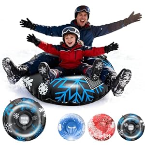 Aufblasbarer Schneereifen, SilverChry Aufblasbarer Schlitten mit Weichen Gummigriffen, Kippschutz und Luftdichtigkeit, Schneereifen Rodeln, Faltbarer, Schneeschlauch für Winterabenteuer (Schwarz Blau)