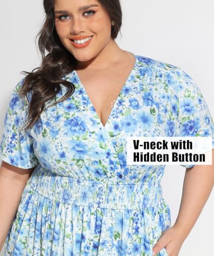 Image of CARCOS Plus Size Dresses for Curvy Women V Neck Summer Maxi Dress Short Sleeve Floral Boho Dress Smocked Waist Beach Dress