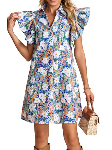 Image of hibshaby Women's Floral Babydoll Mini Dress V-Neck Ruffle Sleeve Cute Dress Sundress