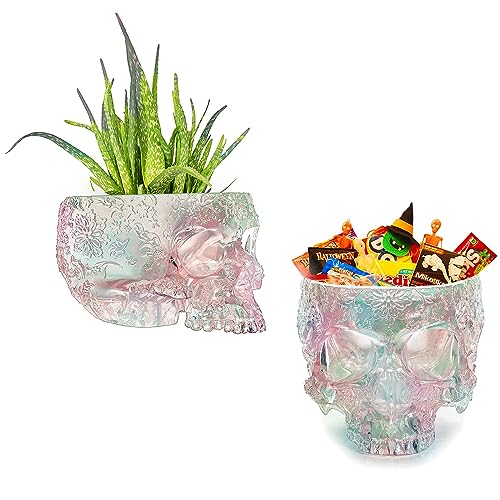 Halloween Iridescent Skull Planter & Trick or Treat Candy Bowl 6" Skulls Skeleton Head Pot for Succulents, Flowers, or Sweets – Creepy Gothic Décor for Garden, Home, Parties, Haunted House Spooky
