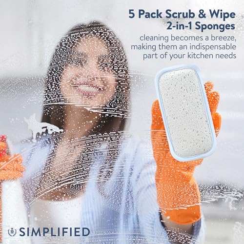 Image of Simplified 5-Pack Scrub & Wipe 2-in-1 Dishwashing Sponges - Non-Abrasive Cleaning Sponges, Double-Sided - Safe for Dishes, Non-Stick Pans or Glassware, Absorbent Dish Sponges, Rainbow Stripe