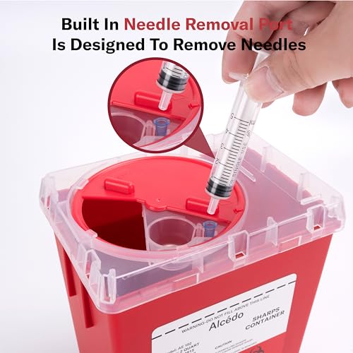 Image of Alcedo 2 Quart Sharps Container (1-Pack) for Needle & Syringe Disposal | Small & Portable, Built-In Needle Removal Port, Clear Lid, Ideal for Home, Travel & Professional Use