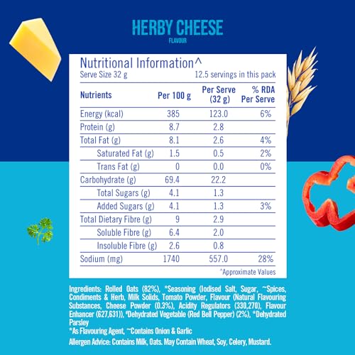Image of Quaker Instant Oats 400g, Herby Cheese flavour, Made with Wholegrain oats, Ready in 3 min, Source of Protein & Fibre, Delicious Snack, Nutritious Oats