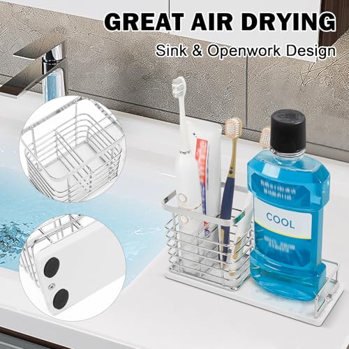 Image of Toothbrush Holder, Luxurious Metal Toothbrush Toothpaste Holder with Marble Base for Bathroom, Multi-Slots Openwork Design, Bathroom Accessory for Storage and Organizer (Large, Chrome)